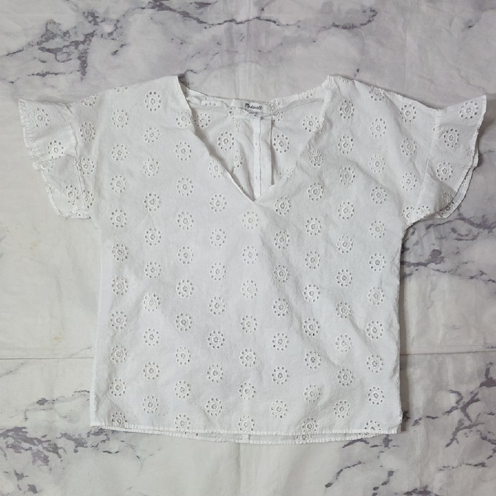 Madewell Sundrift Ruffle Eyelet V-Neck Top - White